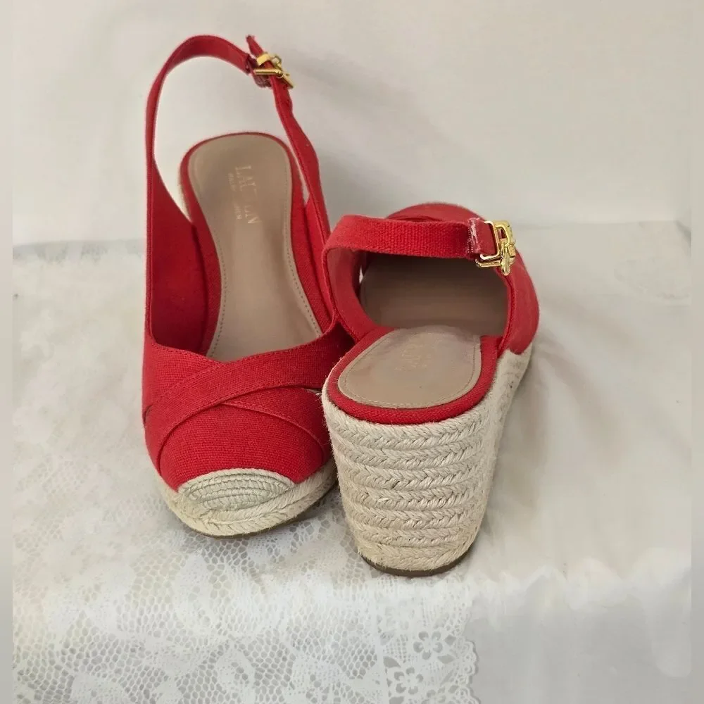 Lauren Ralph Lauren Red Slingback Espadrille Wedges New